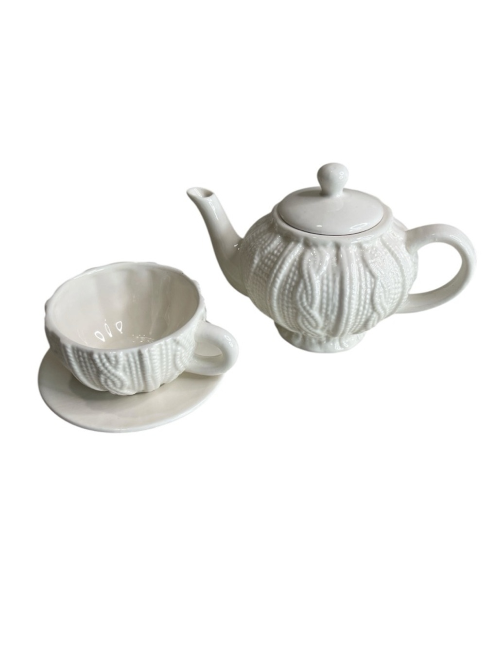 PC Ceramic Tea For One Teapot and Teacup Set White CableKnit Textured 3 Pc